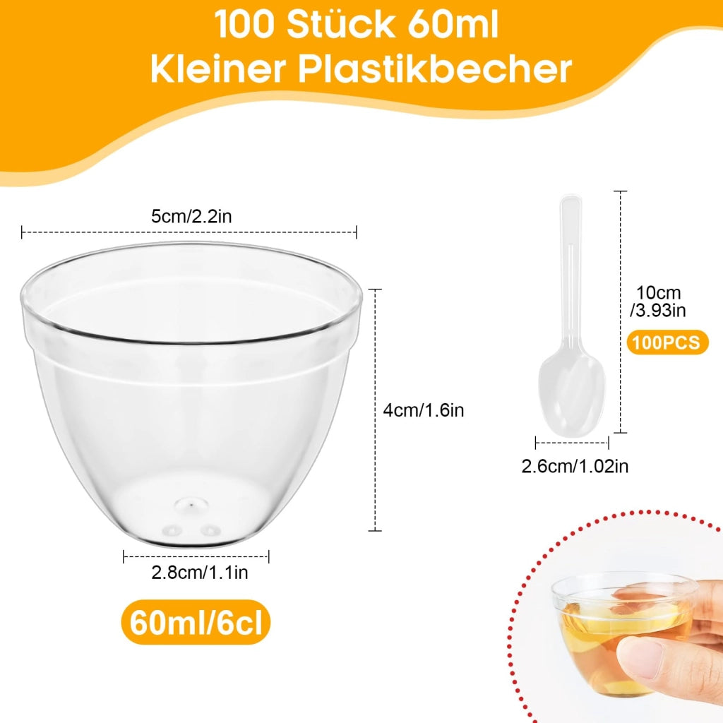 100 bicchieri per dessert con cucchiaini, capacità 60 ml, trasparenti, riutilizzabili