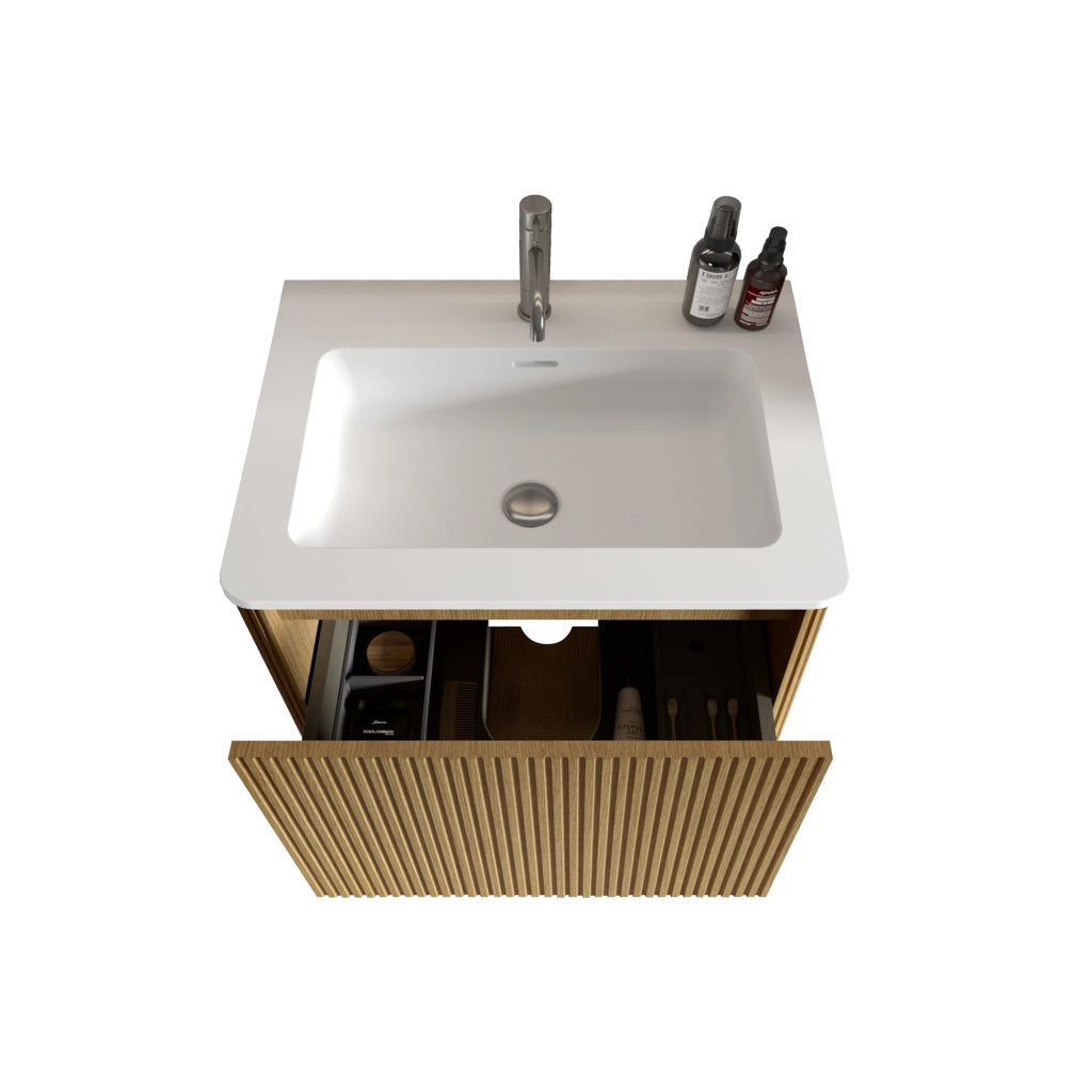 Mobile sottolavabo da bagno con lavabo 60 cm in MDF compensato e solid surface rovere con cassetti a pressione