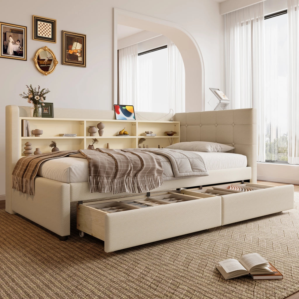 Letto singolo 90 × 200 cm con 2 cassetti USB e USB-C in lino beige con testiera e ripiani