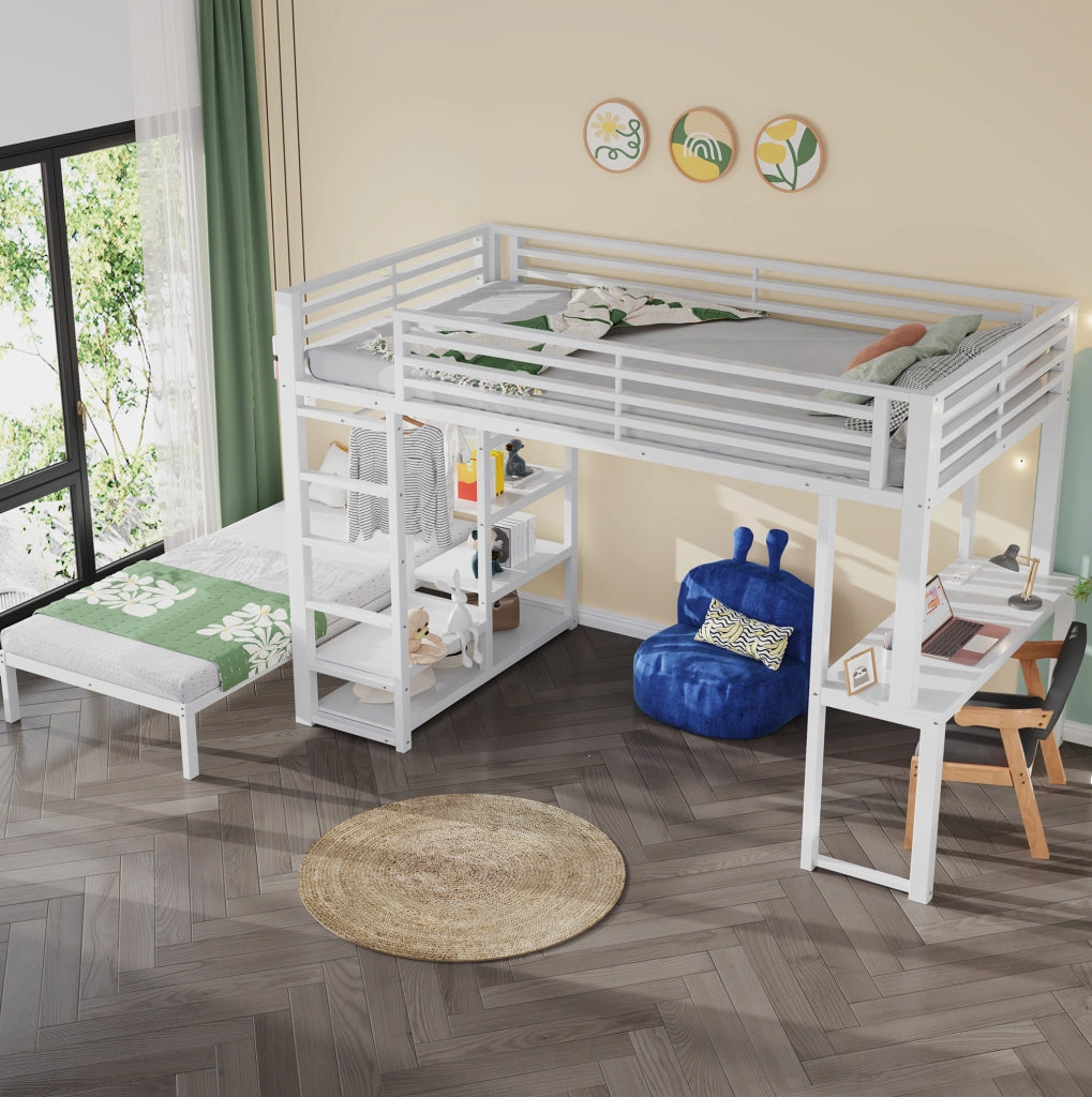 Letto a soppalco 90x200 cm con scrivania e ripiani