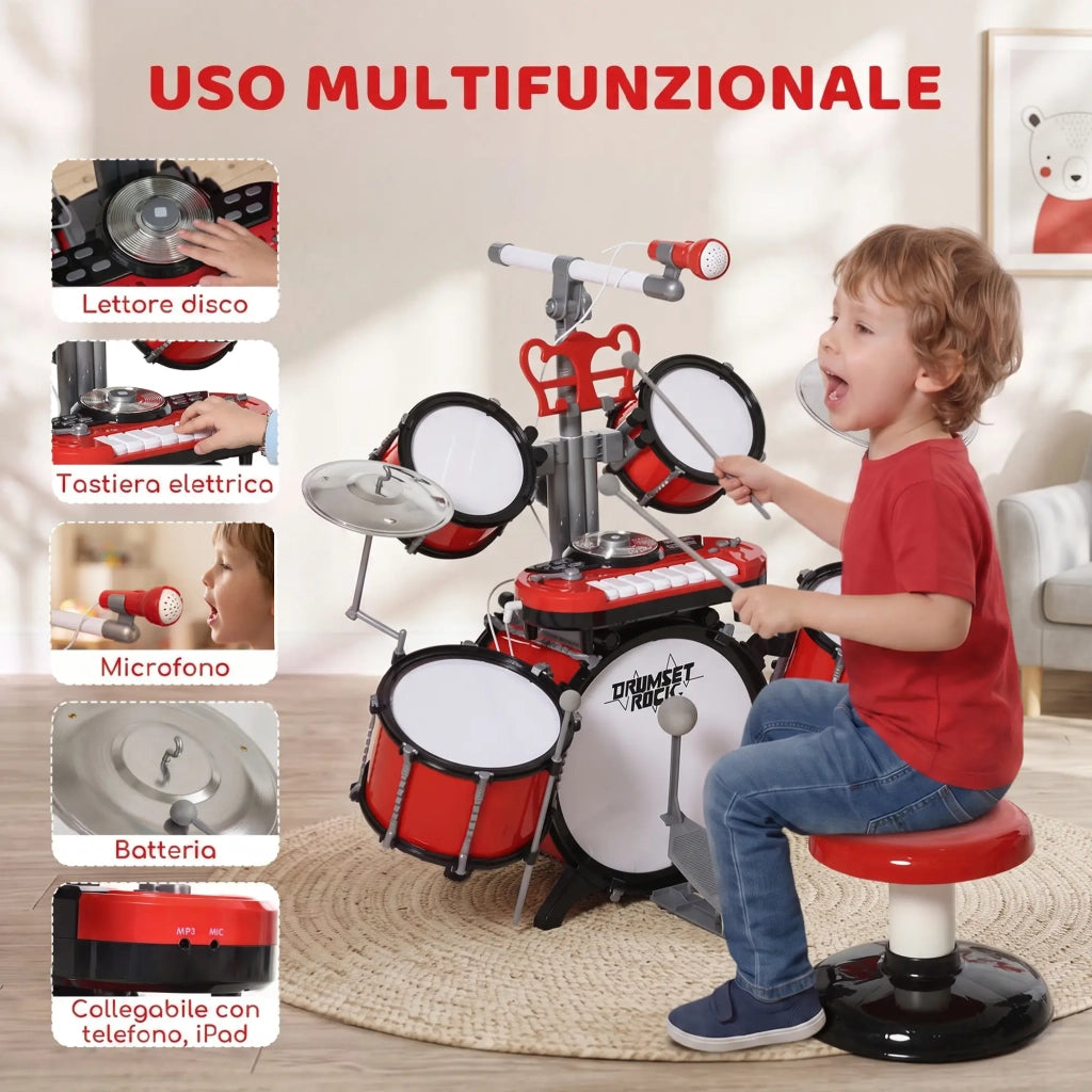 Batteria Musicale Giocattolo per Bambini con Microfono e Tastiera  Rossa