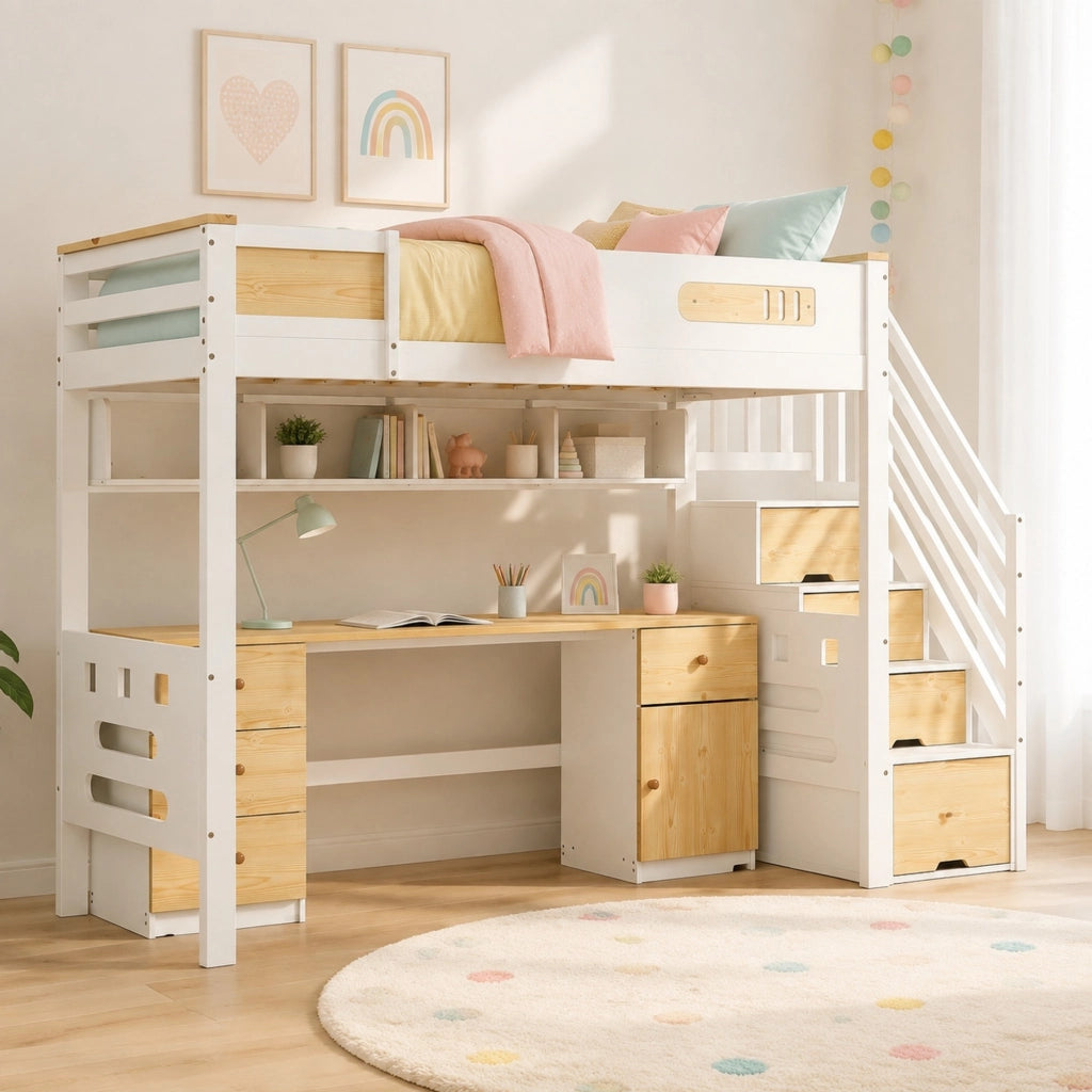 Letto a soppalco 90x200 cm bianco e naturale con scrivania