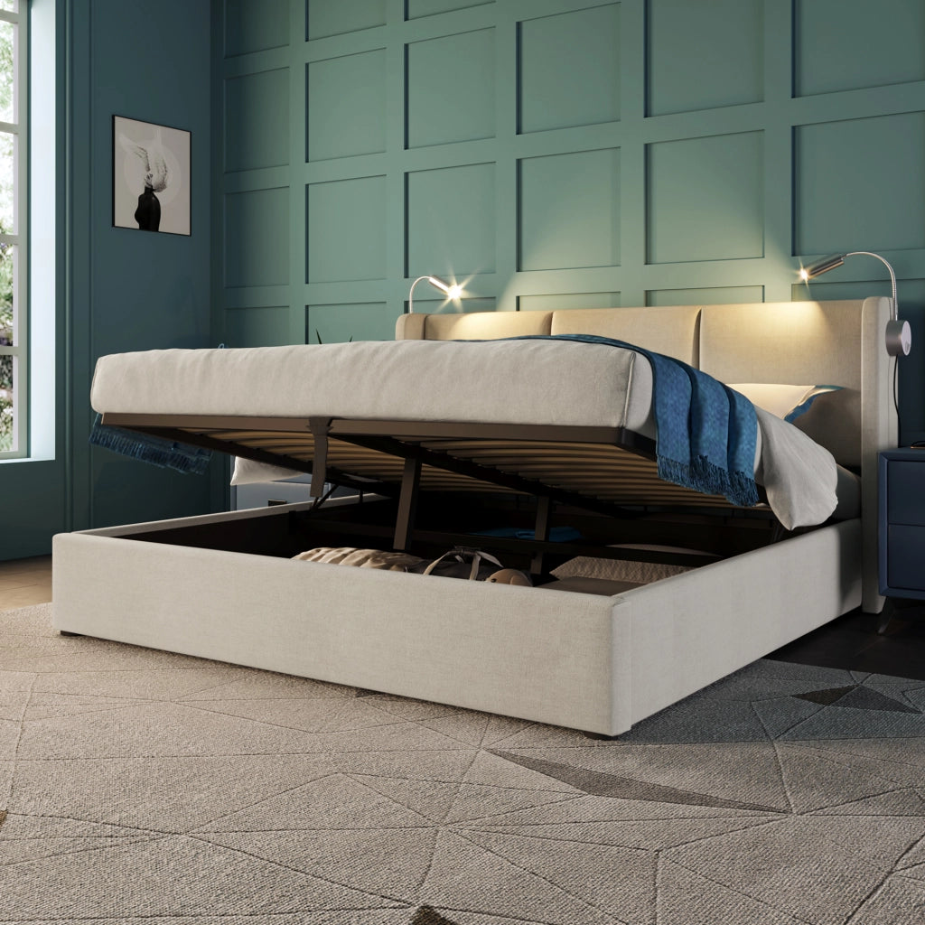 Letto matrimoniale 140x200 beige con contenitore