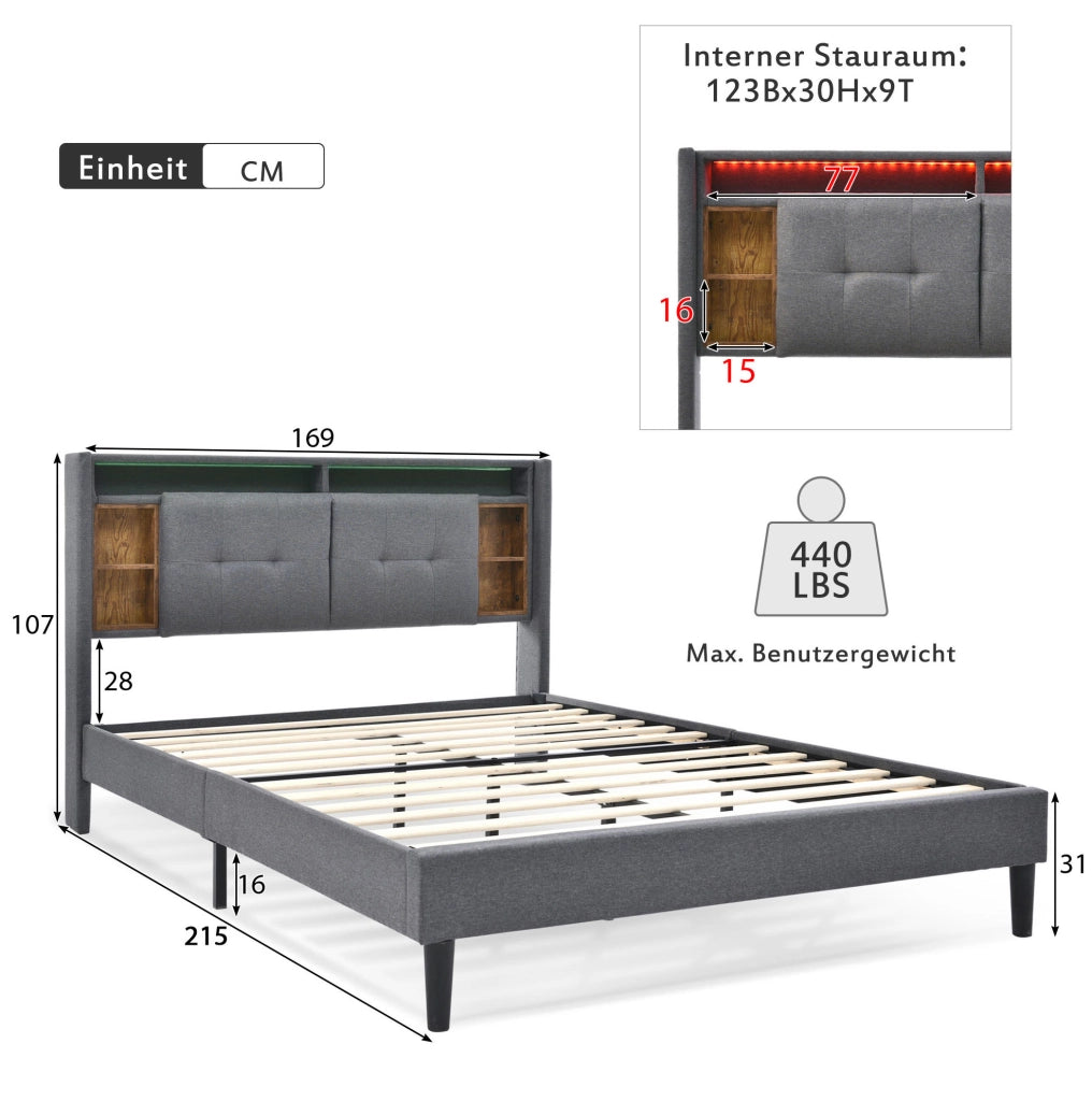 LETTO Imbottito 160x200 cm grigio con testiera contenitore, prese USB e LED