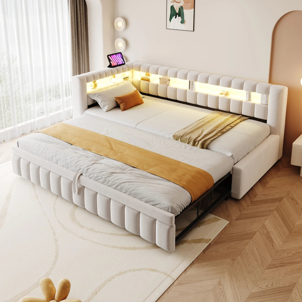 Letto imbottito estraibile con LED USB e Type C in velluto beige con rete a doghe e ripiani