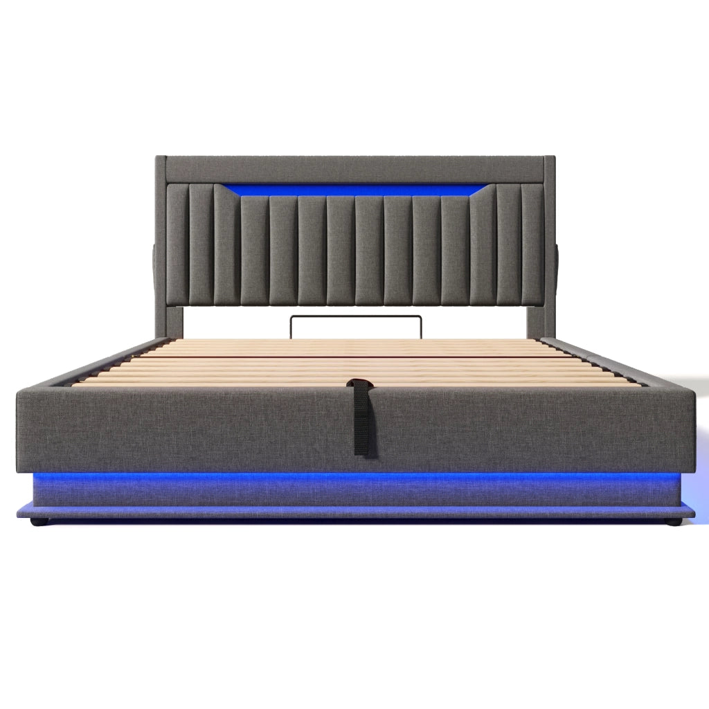 Letto contenitore 160x200 grigio con testiera; LED e porte USB