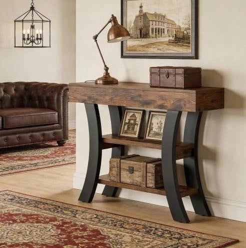 Consolle ingresso 105x30x80 cm con 3 ripiani in MDF e metallo; nero e marrone rustico