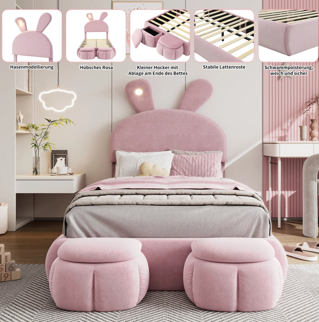 Letto singolo per bambini 90x200 cm con orecchie da coniglio LED e 2 pouf rosa