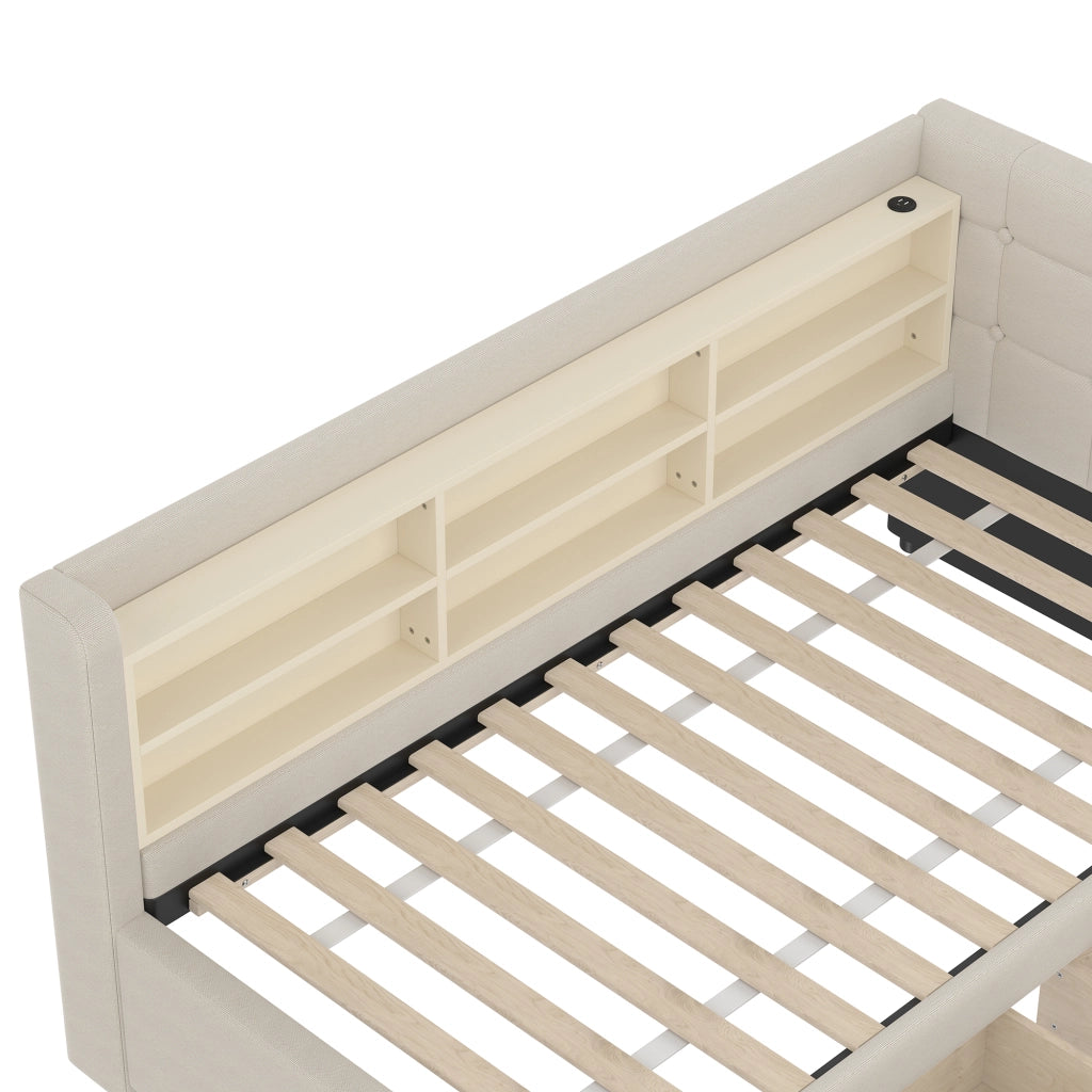 Letto singolo 90 × 200 cm con 2 cassetti USB e USB-C in lino beige con testiera e ripiani