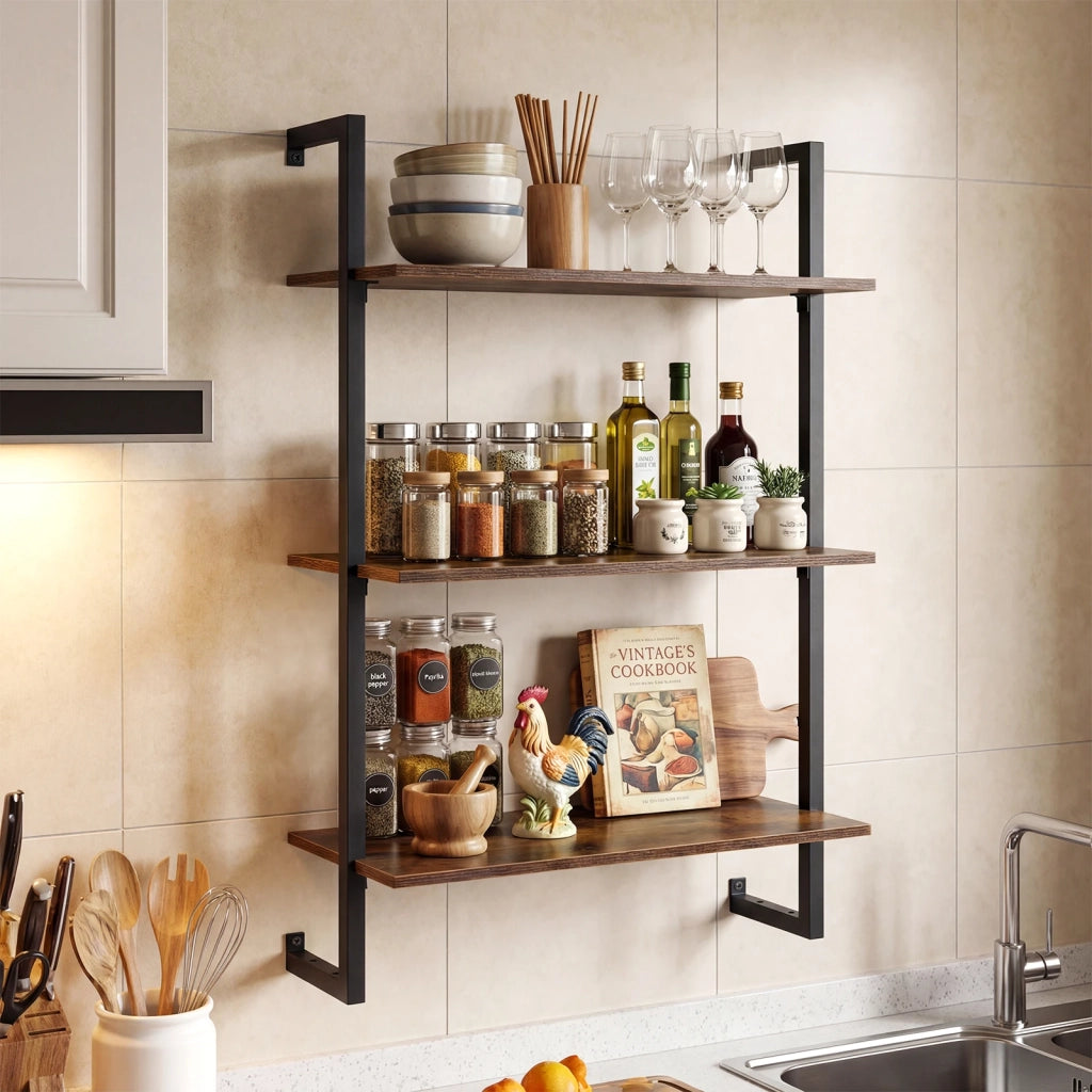 3-Tier Floating Shelf Wall Hanging Display Storage Rack for Living Room-Rustic Brown