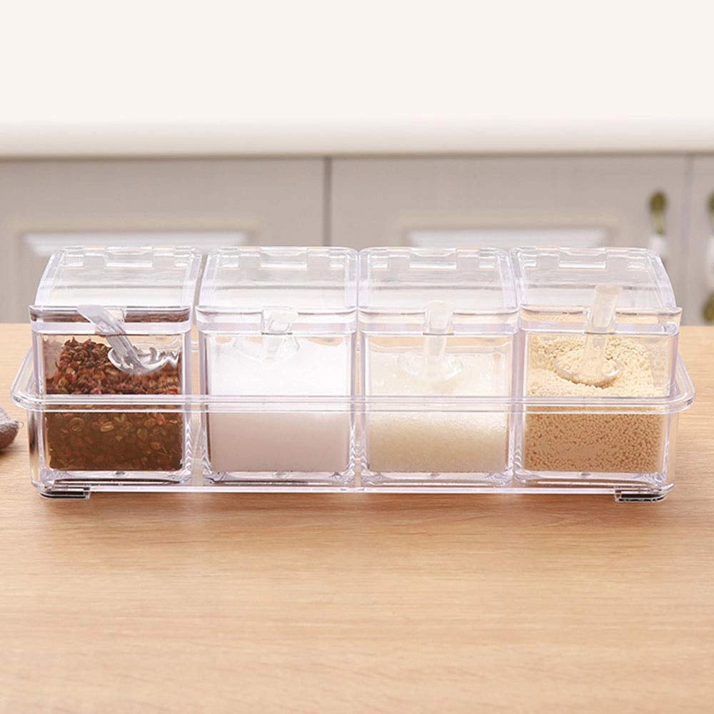 Set di 4 contenitori per spezie, trasparenti, in plastica PS, con cucchiaino