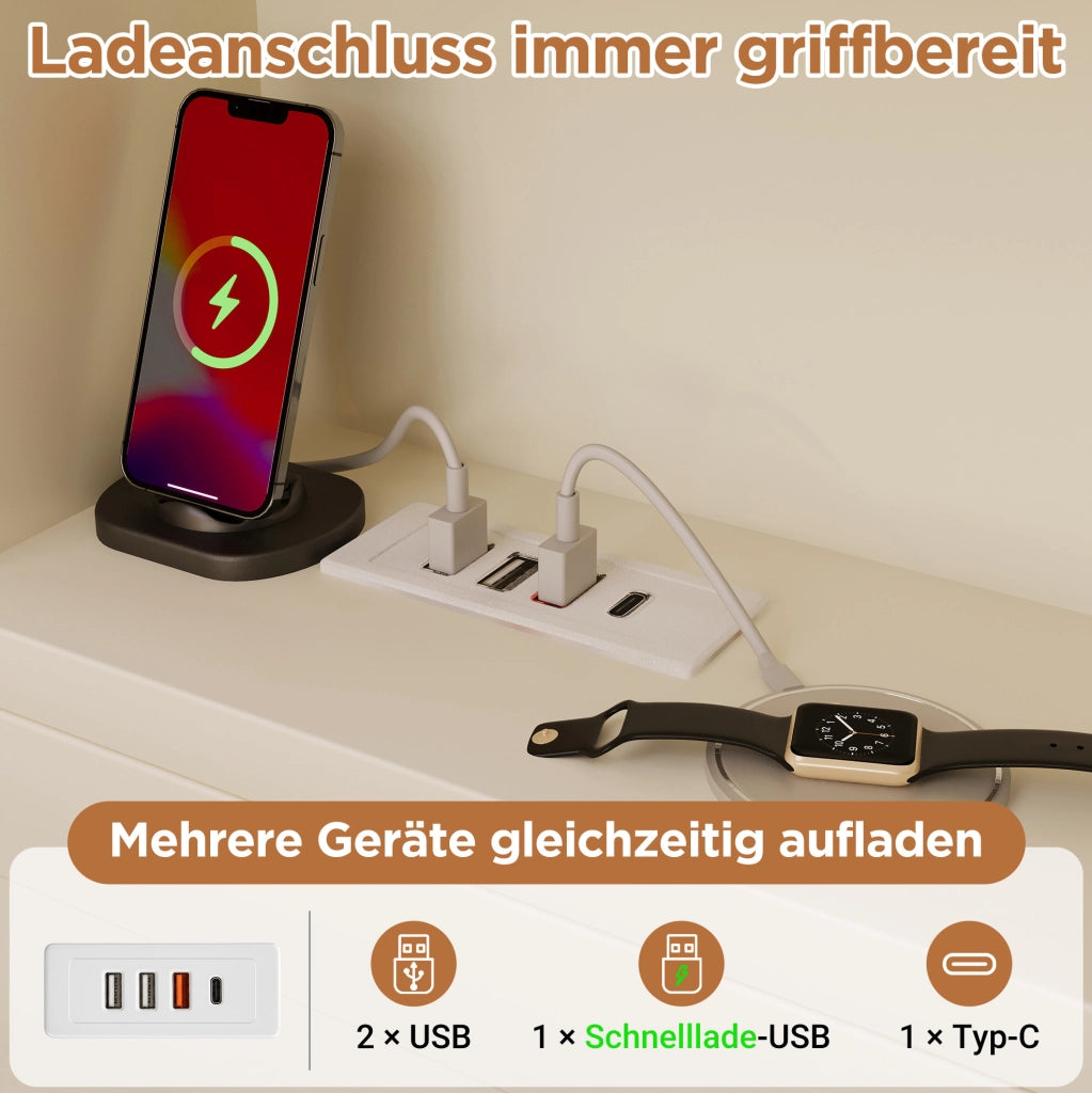 Letto singolo 90x200 cm in legno bianco con LED, USB e Type-C, contenitore e ripiani
