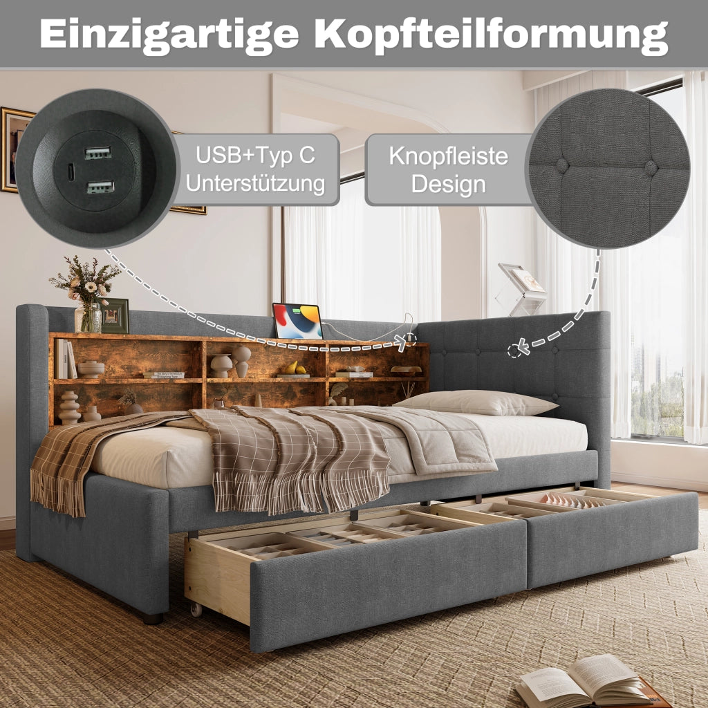 Letto singolo 90 × 200 cm con 2 cassetti in lino e MDF grigio con porte USB Type-C e ripiani