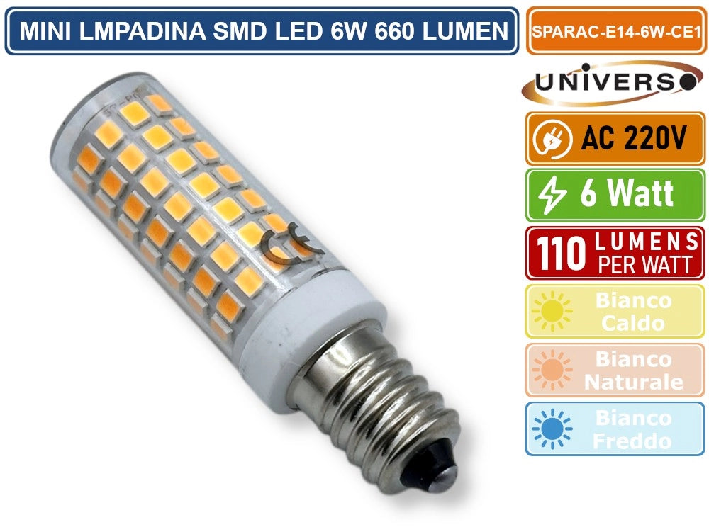 UNIVERSO MINI LAMPADINA CORN LED SMD 2835 E14 6W WATT 660 LUMEN - Colore Luce:Bianco Freddo