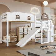 Letto a castello per bambini 90x200 cm con scivolo e scala contenitore; bianco