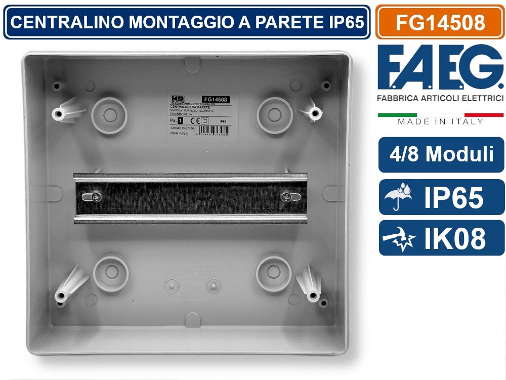 CENTRALINO A PARETE  8 MODULI TENUTA STAGNA IP65 COLORE GRIGIO CON SPORTELLO FAEG - FG14508