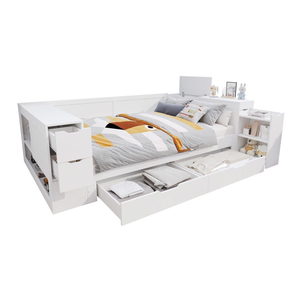 Letto con Cassetti 140x190 cm - Contenitore e Comodino Scorrevole - MDF - Bianco
