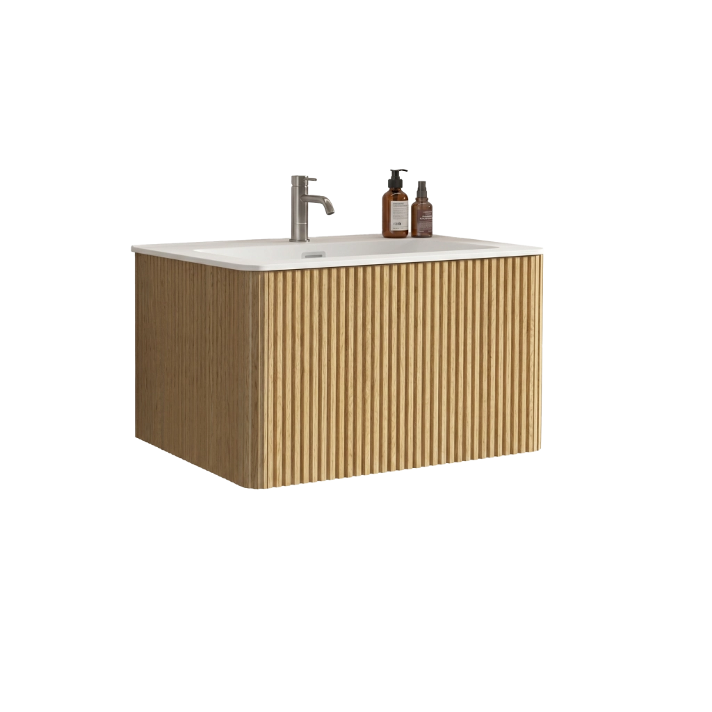 Mobile sottolavabo larghezza 80 cm con lavabo e cassetti push to open in mdf compensato e solid surface rovere
