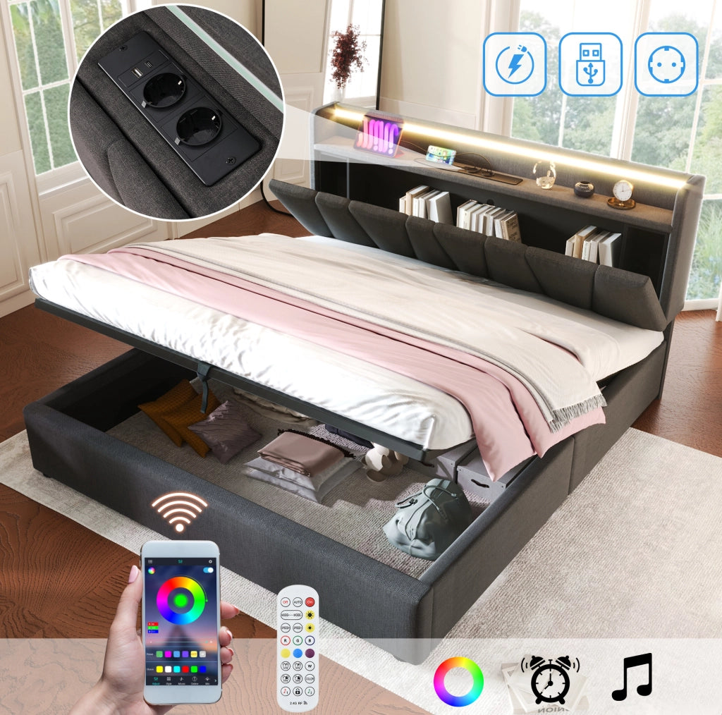 Letto contenitore 140x200 cm grigio con LED RGBW e prese USB