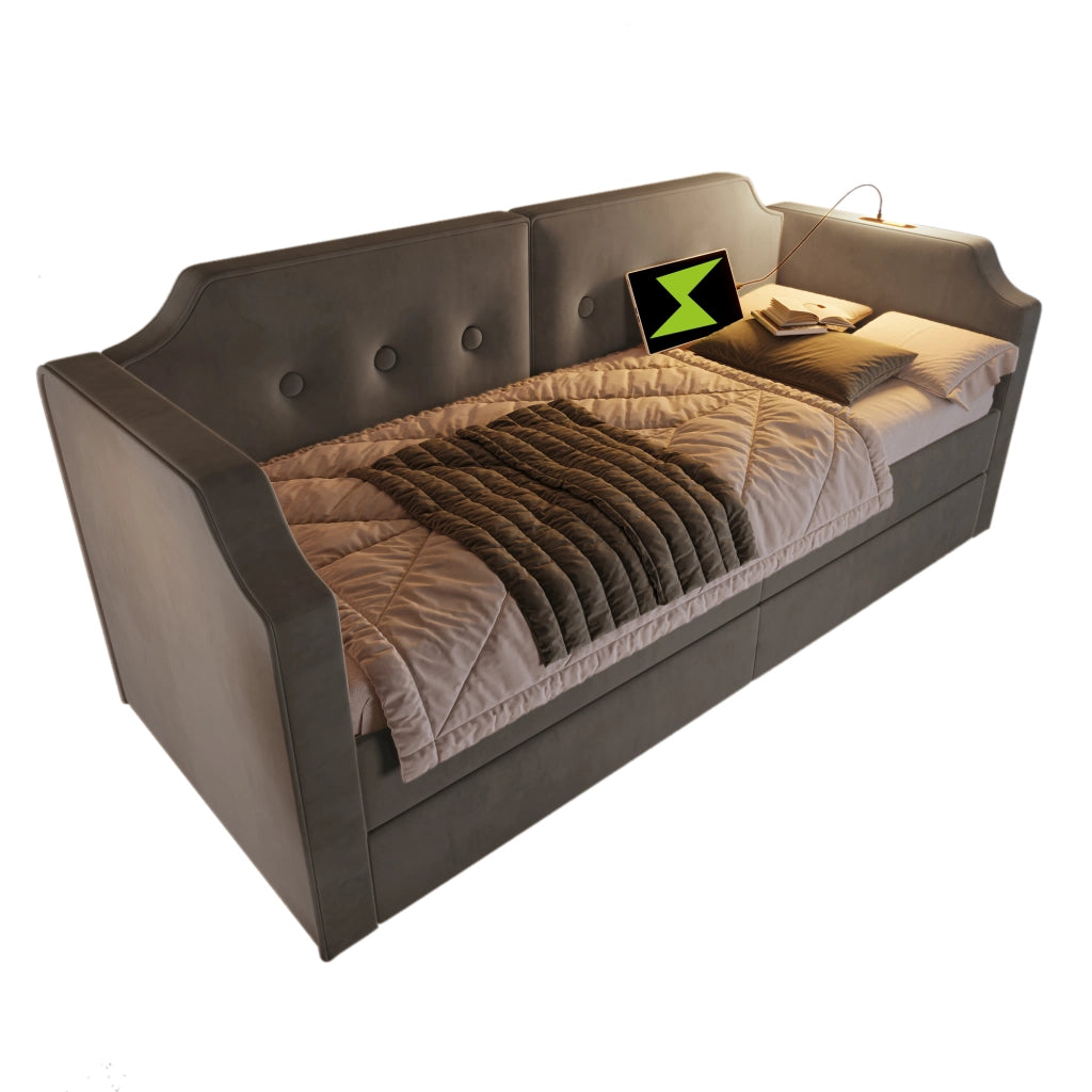 Letto imbottito 90x200 cm grigio con cassetti