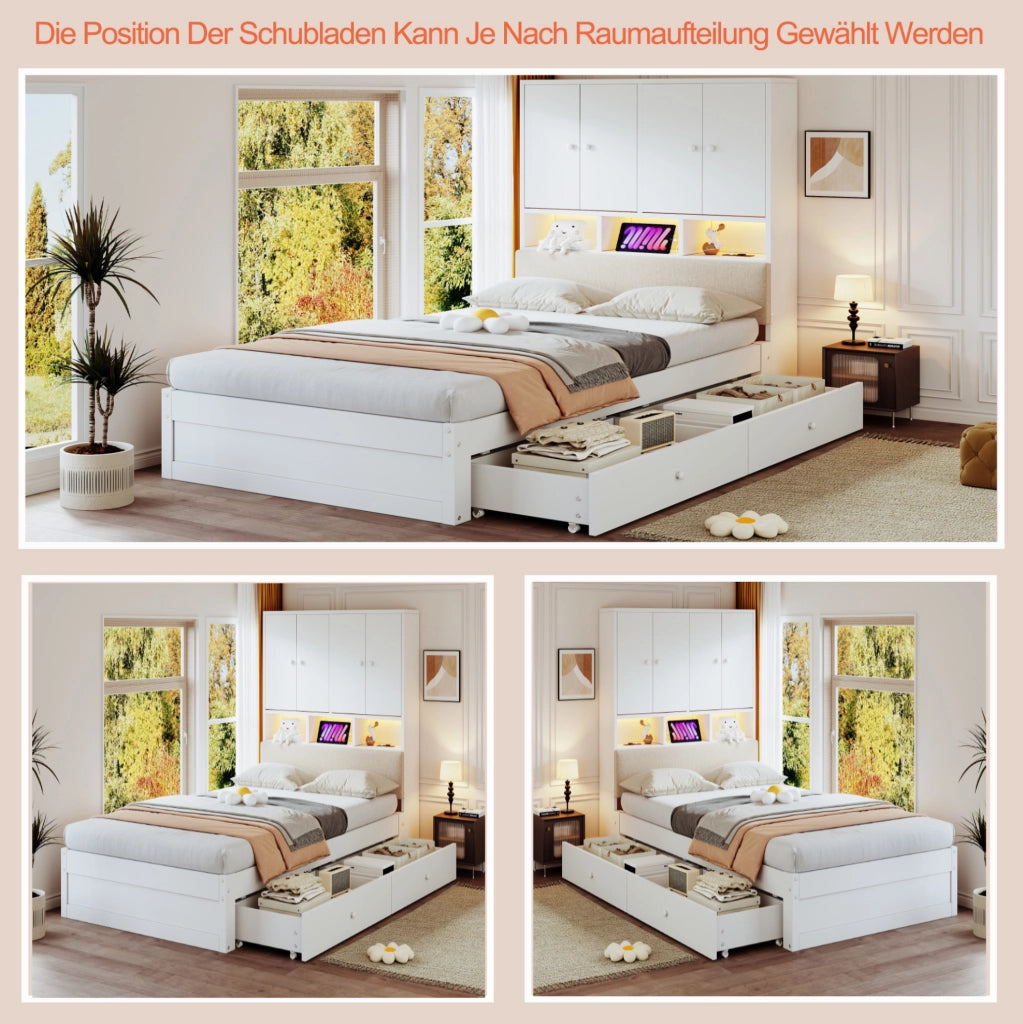 Letto singolo 90x200 cm bianco con LED, prese e 2 cassetti