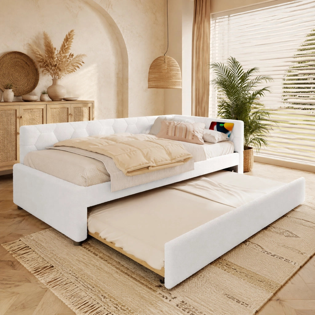 Letto daybed 90x200 cm con letto estraibile, USB, Type-C e lampada, bianco