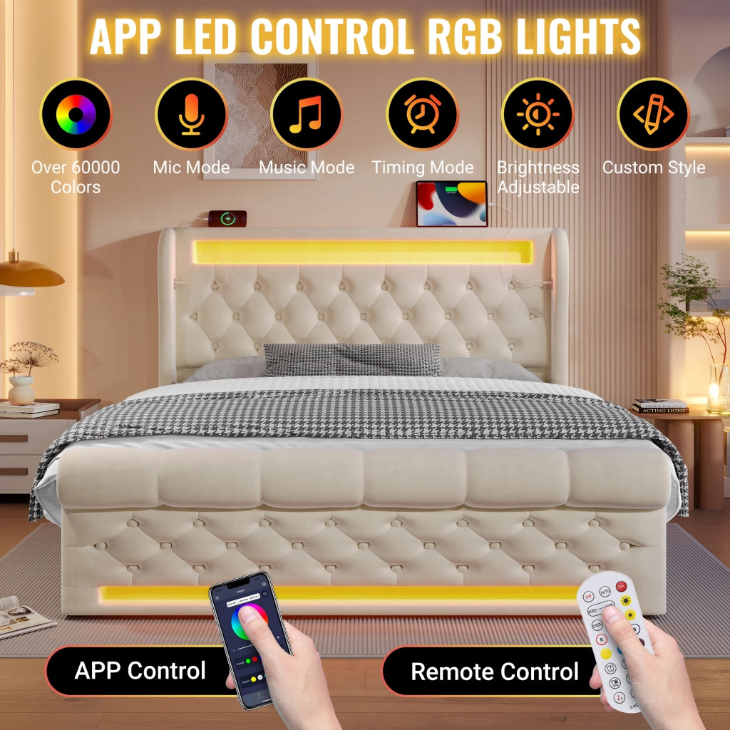 Letto matrimoniale contenitore 140 × 200 cm in velluto beige con LED USB e Type-C