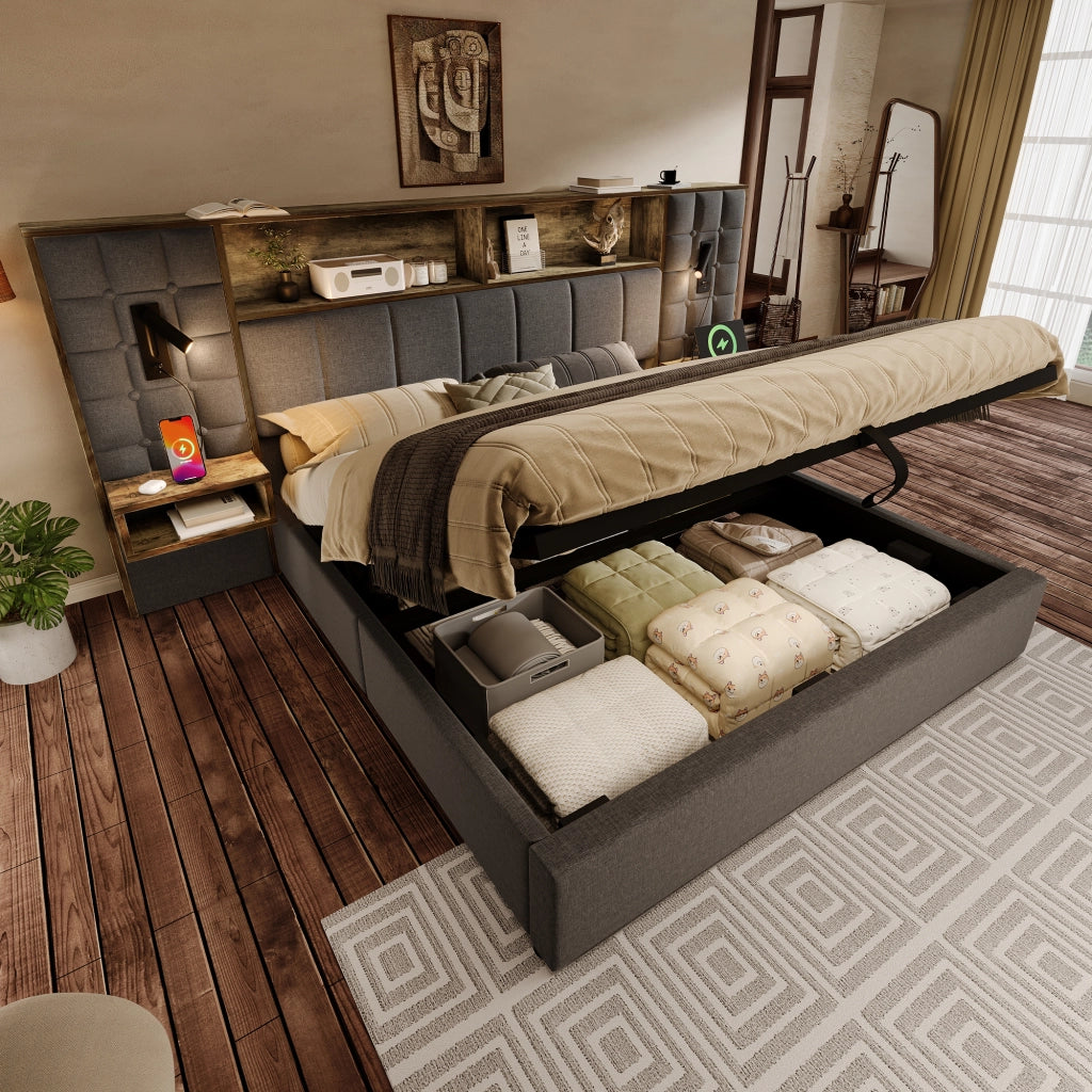 Letto imbottito 160x200 grigio con contenitore