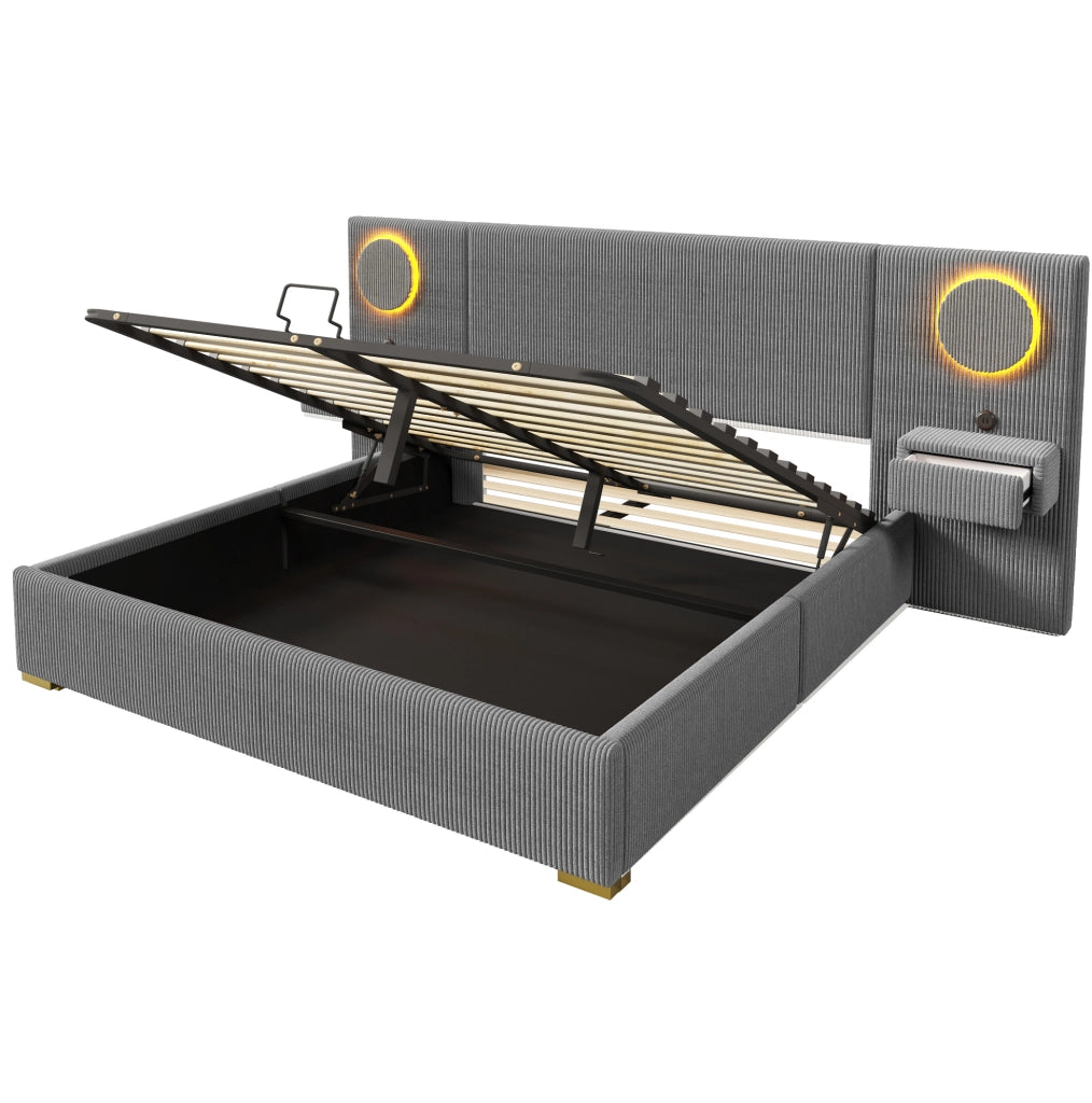 Letto matrimoniale 180x200 grigio con LED, USB e contenitore