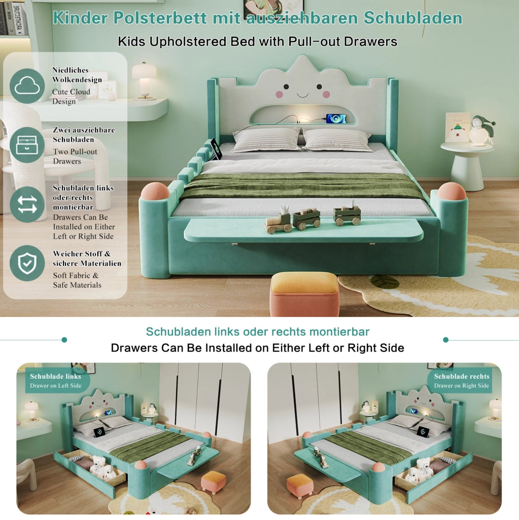 Letto imbottito per bambini 140x200 cm con cassetto; USB e lampada LED; blu-verde