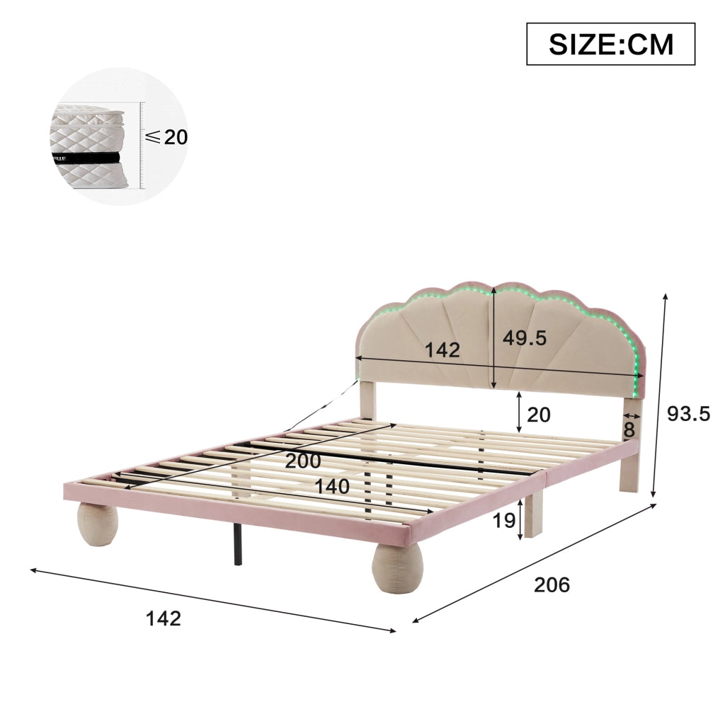 Letto imbottito per bambini 140x200 cm con luci multicolore in velluto beige e rosa