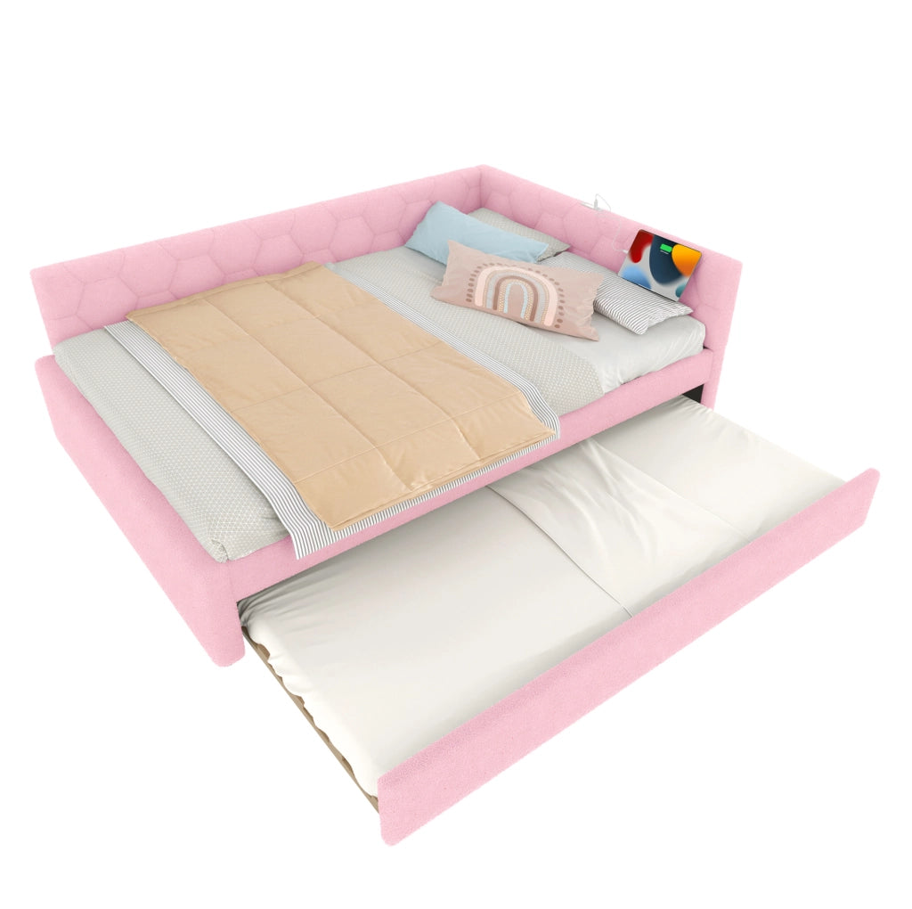 Daybed 140x200 cm con letto estraibile, USB e Type-C, lampada integrata, velluto rosa