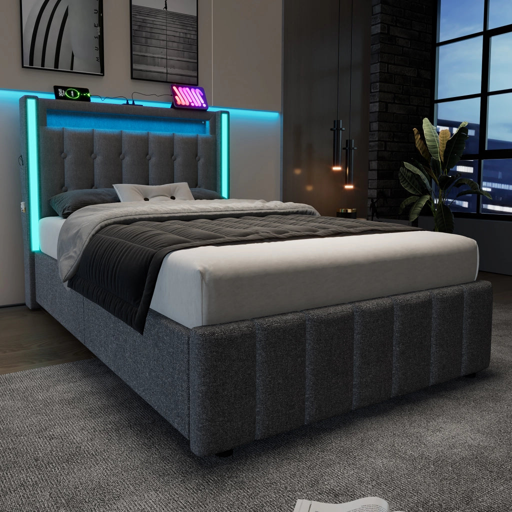 Letto singolo imbottito 90 × 200 cm grigio con LED USB tipo C e due cassetti