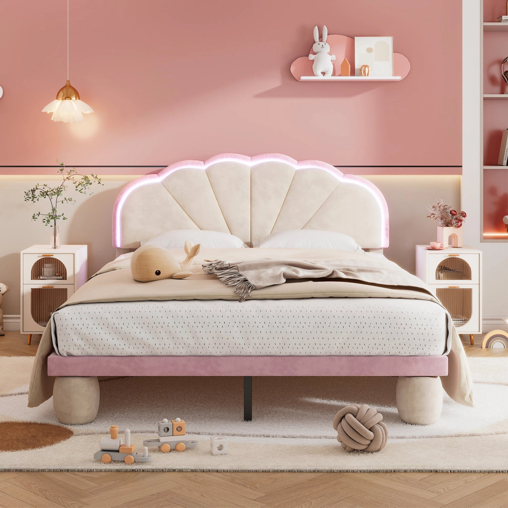 Letto imbottito per bambini 140x200 cm con luci multicolore in velluto beige e rosa