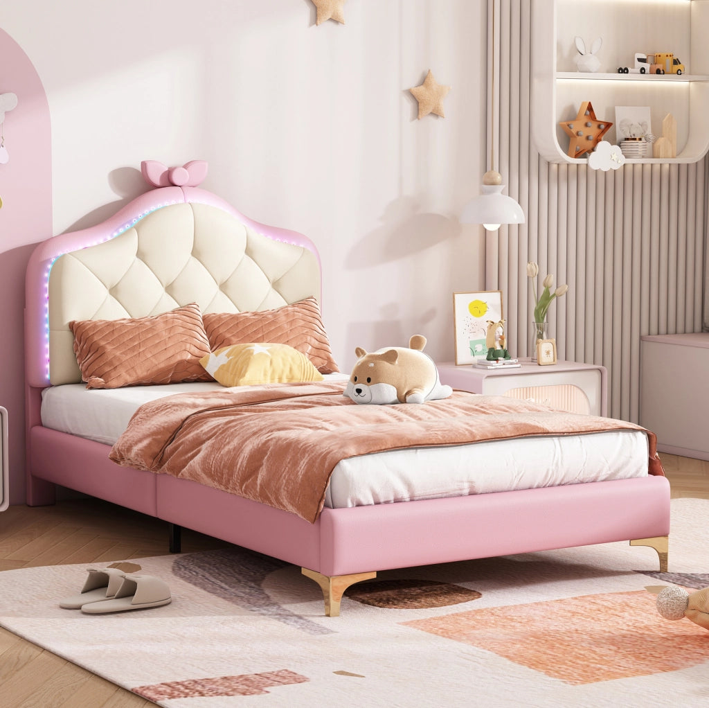 Letto singolo imbottito 90x200 cm con LED multicolore e rete a doghe; rosa e bianco