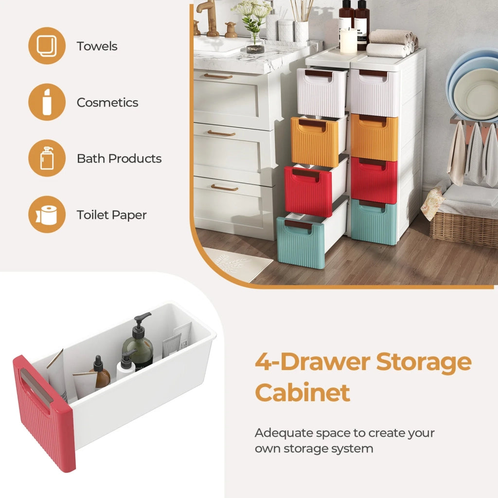 Cassettiera a 4 Cassetti con Ruote, PP Multicolore, Salvaspazio per Bagno e Ufficio