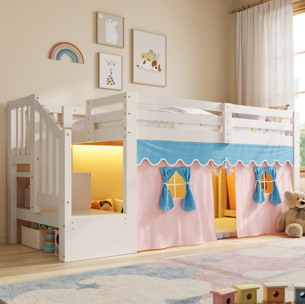 Letto semi-alto 90x200 cm con LED, tende e mobile scala