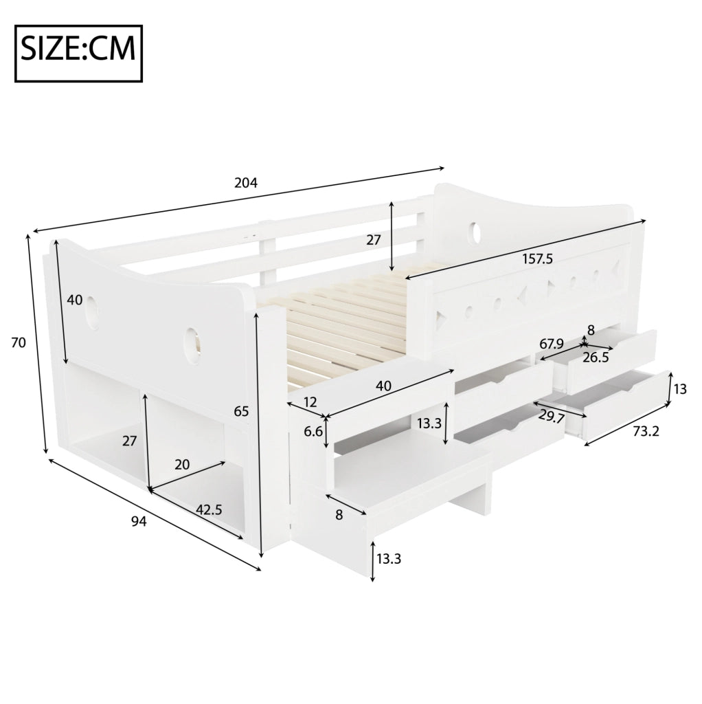 Letto per bambini 90x200 cm bianco con cassetti, LED e USB