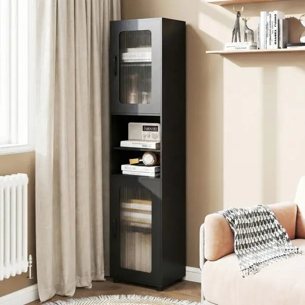 Tall Bathroom Storage Cabinet with Fluted Doors Adjustable Shelf-Dark Black