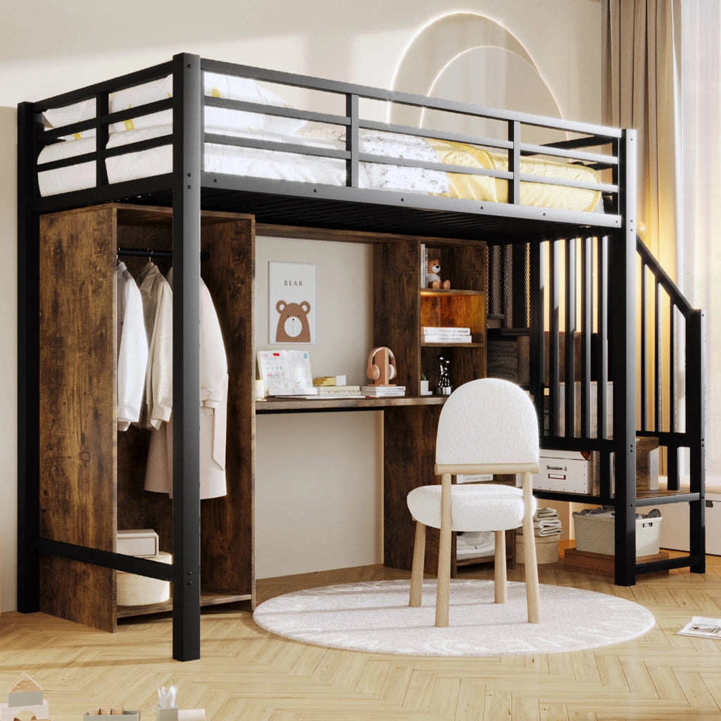 Letto a soppalco 90x200 cm nero con scrivania e armadio