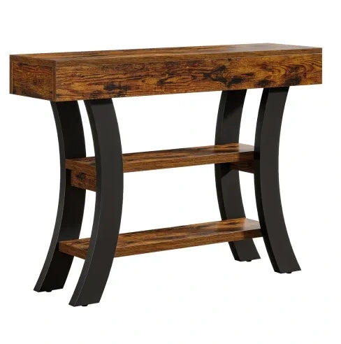 Consolle ingresso 105x30x80 cm con 3 ripiani in MDF e metallo; nero e marrone rustico