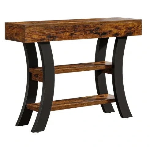 Consolle ingresso 105x30x80 cm con 3 ripiani in MDF e metallo; nero e marrone rustico