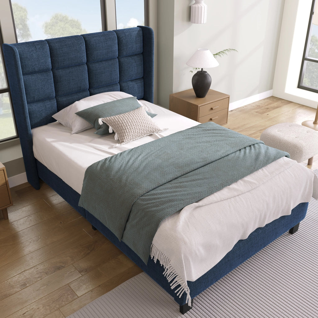 Letto singolo imbottito blu 90x200 cm con testiera