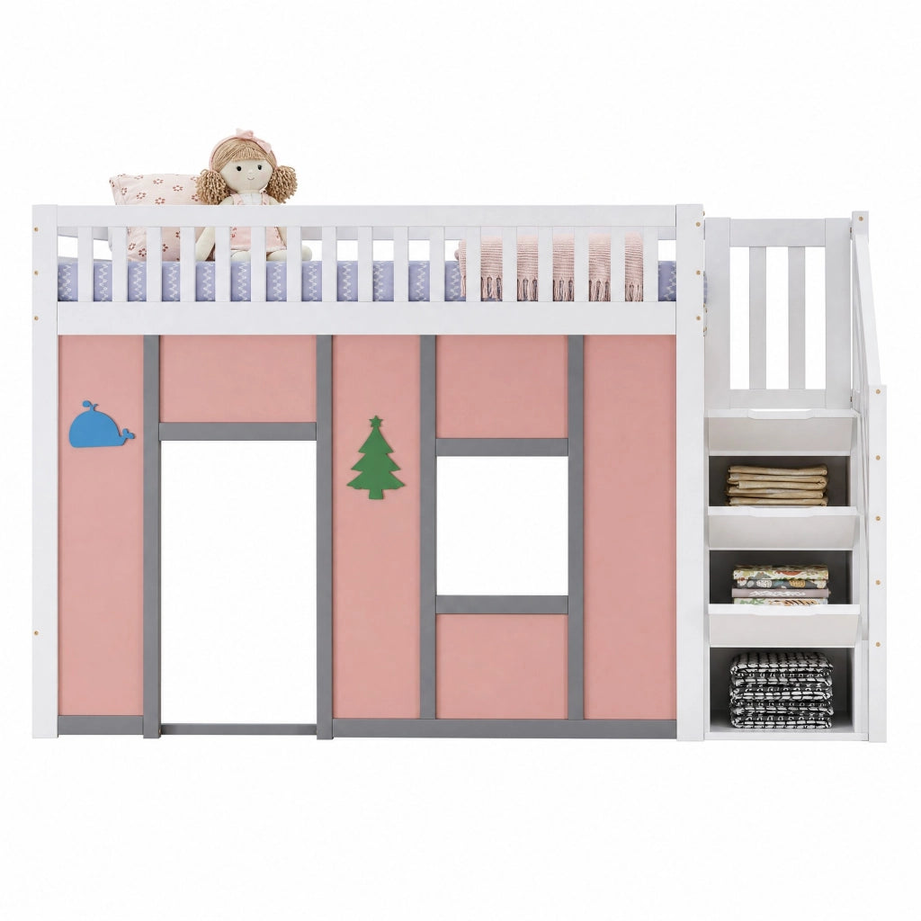 Letto semi-soppalco per bambini 90x200 cm con scala contenitore e LED; bianco e rosa