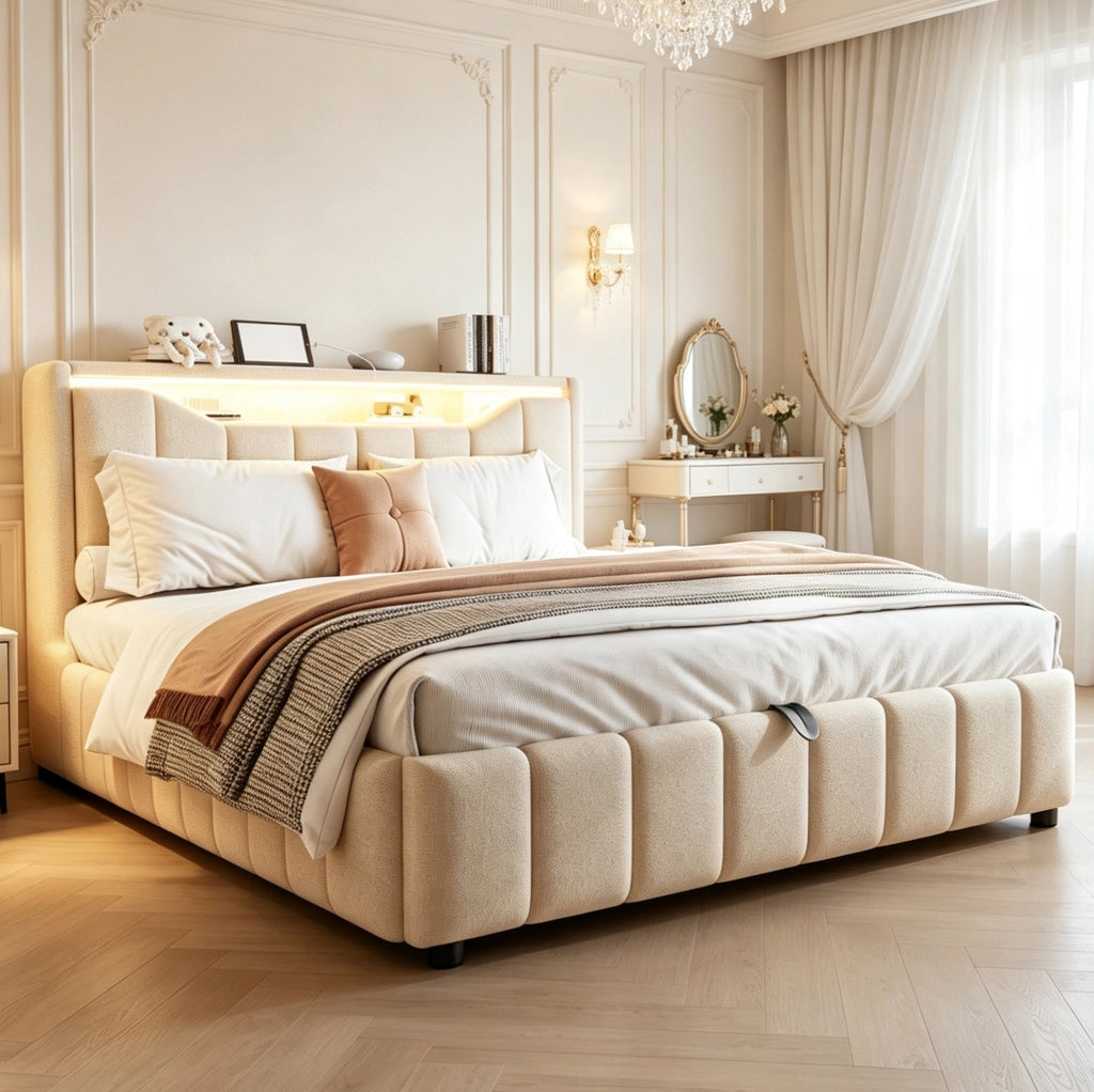 Letto contenitore 140x200 cm beige con LED e prese USB