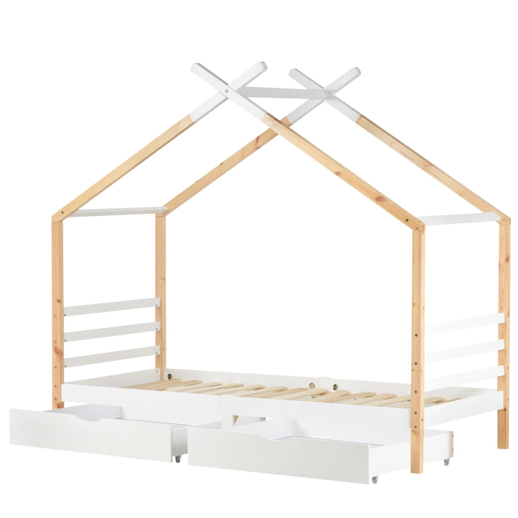 Letto casa per bambini bianco 90x200 cm con cassetti