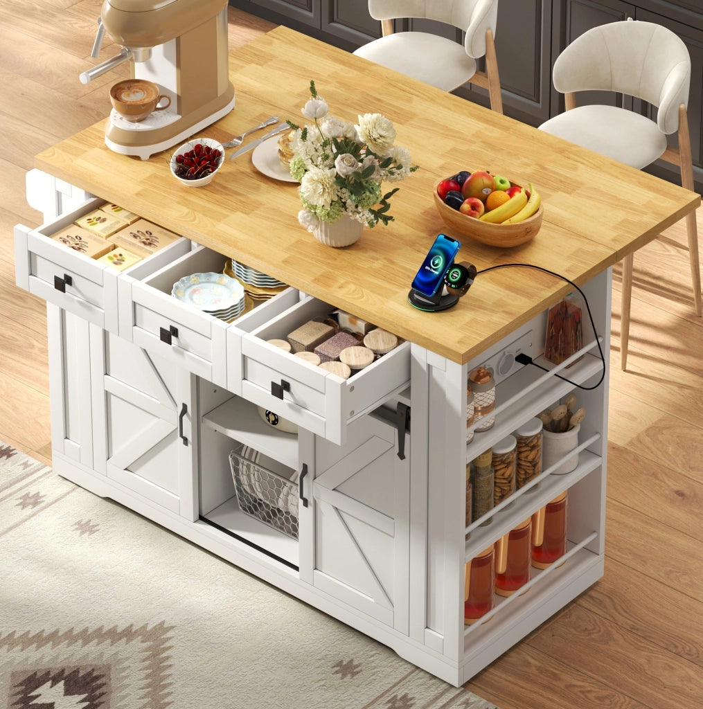 Isola cucina mobile con piano pieghevole e prese, 130x50(80)x87 cm
