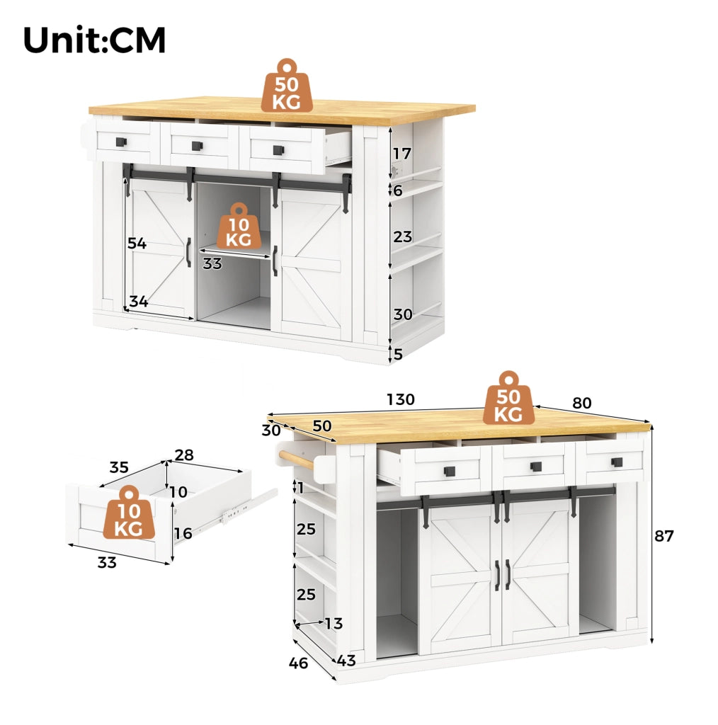 Isola cucina mobile con piano pieghevole e prese, 130x50(80)x87 cm