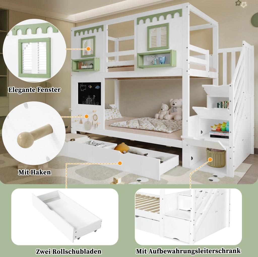 Letto a castello per bambini 90x200 cm con scala contenitore e cassetti; bianco e verde
