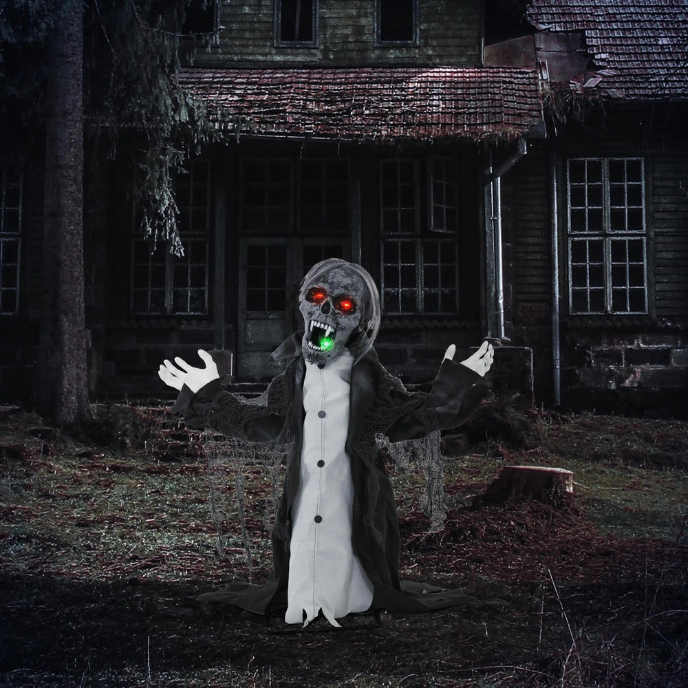 Scheletro zombie animato Halloween 75 cm con luci LED, effetti sonori e sensore, decorazione per giardino e casa